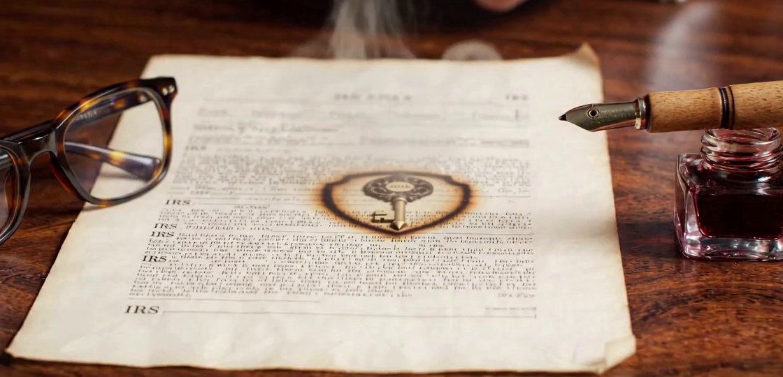 The 401k Decoded shield-and-key seal branded on an IRS document — from our videos